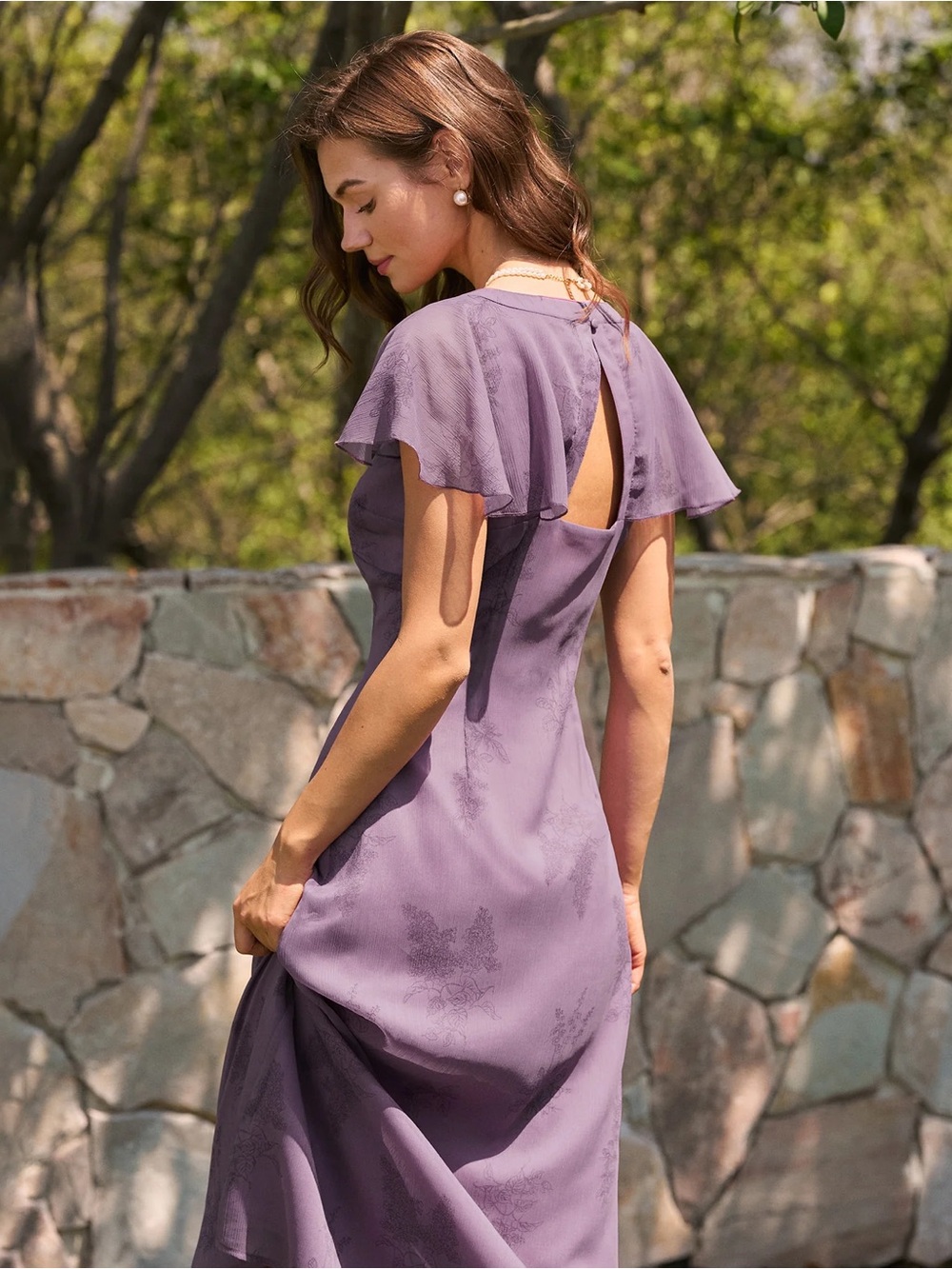 Rihoas Purple V Neck Butterfly Sleeve Floral Midi Dress - Picture 5 of 9